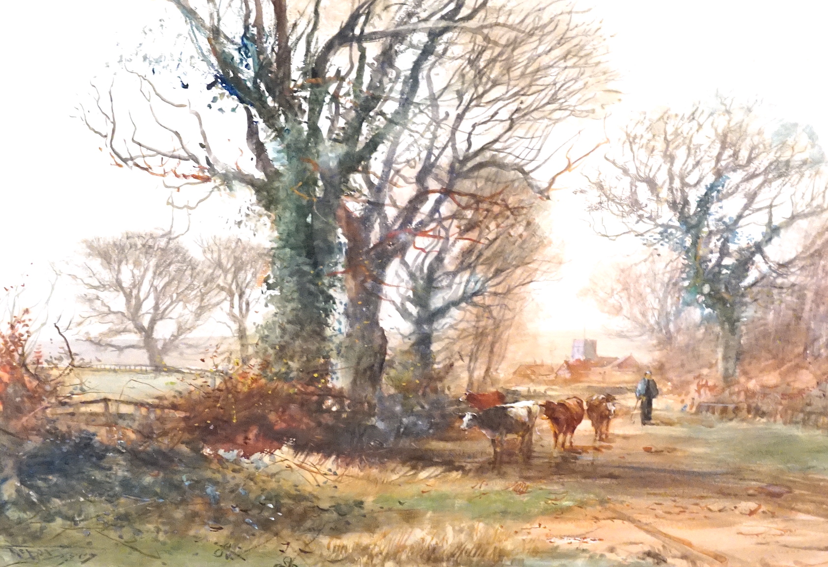 Henry Charles Fox RBA (1860-1925), pair of watercolours, 'Lane scene at Preston, Weymouth' and 'An old farm near Haslemere', signed and dated 1907/1908, 38 x 55cm